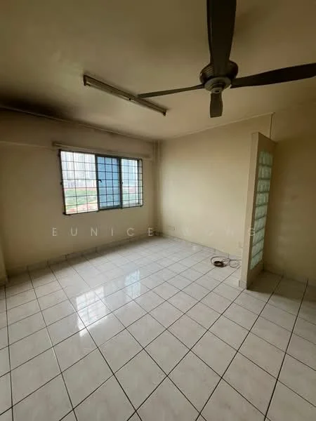 Room features: white painted walls, tiled flooring, ceiling fan, window with metal grille, glass block partition, light fixture, corner floor drain.