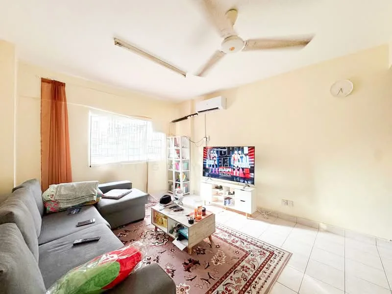 Living features: 3-seater fabric sofa in grey, L-shape sectional sofa, coffee table, wall-mounted TV, TV console, area rug with geometric pattern, ceiling fan, window with sheer curtains, light-colored painted walls, tile flooring; style: modern.
