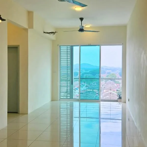 Room features: white painted walls, glossy white tile flooring, 5-blade ceiling fan, floor-to-ceiling windows, sliding glass door, mountain view, natural light, open layout; style: modern; view: mountain.