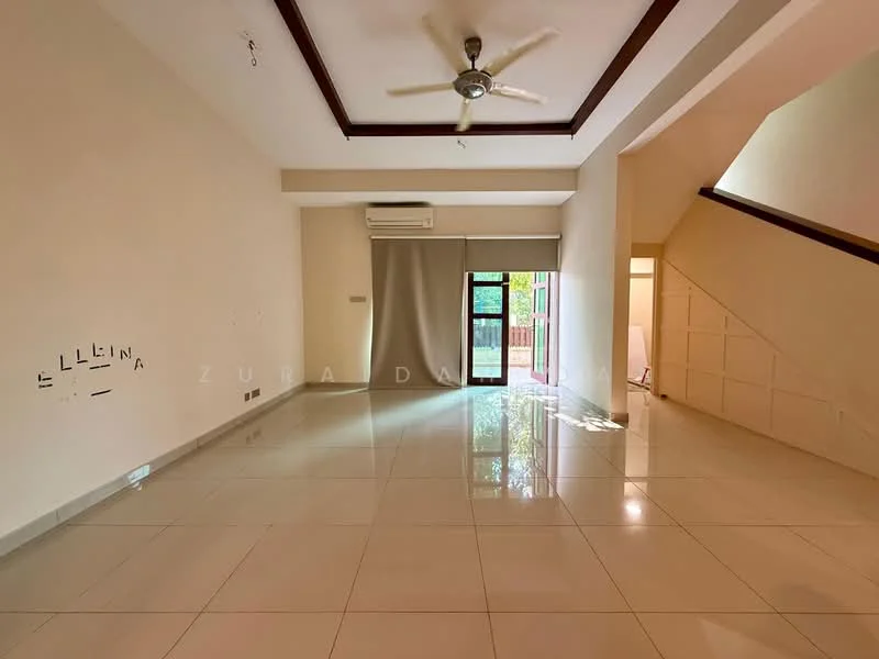 Living features: white painted walls, polished ceramic tile flooring, 5-blade ceiling fan with light, sliding glass door, floor-to-ceiling windows, air conditioning unit, recessed downlights, staircase leading to upper level, natural light from windows, neutral color scheme; style: modern; view: garden.