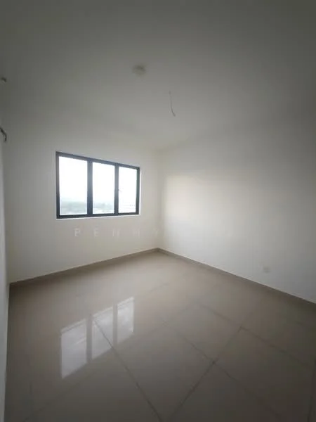 Room features: white painted walls, floor-to-ceiling windows, glossy tile flooring, single ceiling light fixture, no visible furniture or decor.