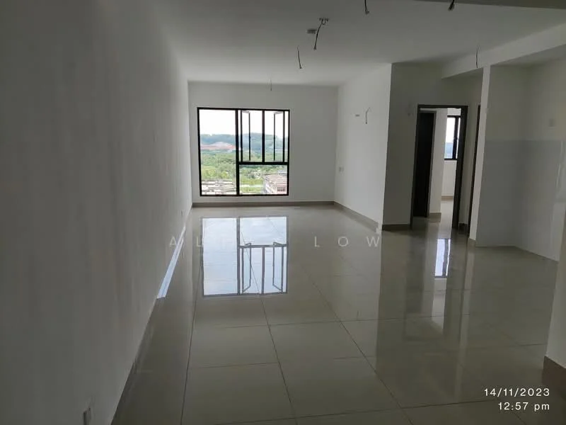 Living features: white painted walls, glossy ceramic tile flooring, floor-to-ceiling windows, mountain view, recessed ceiling lights, open layout, neutral color scheme, no visible furniture; style: modern; view: mountain.
