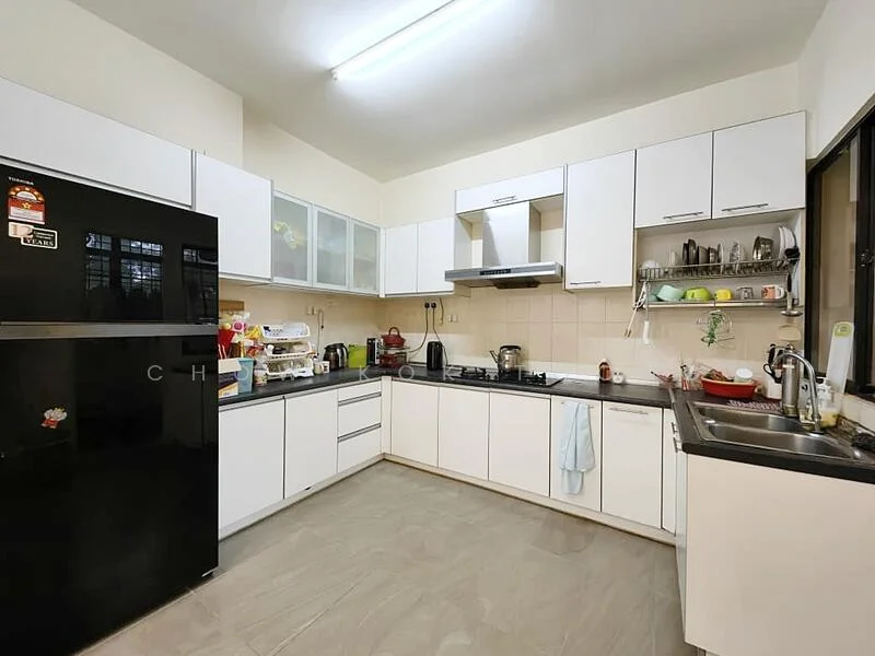 Kitchen features: black refrigerator, white cabinetry, grey countertop, stainless-steel sink, chrome pull-down faucet, built-in oven, freestanding range oven, microwave, kitchen utensils on countertop, open shelving, window with view, tile backsplash, light fixture on ceiling; style: modern.