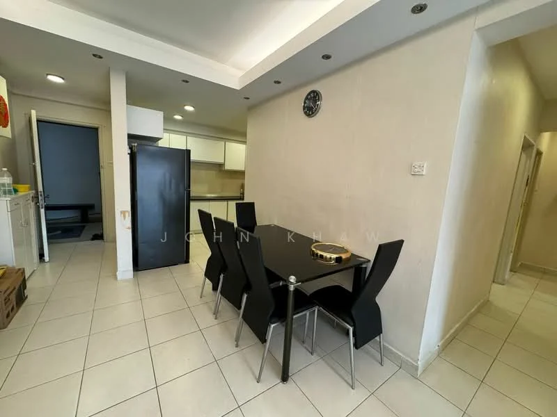 Dining features: black dining table, 4 black dining chairs, white painted walls, tile flooring, recessed downlights, wall clock, kitchen area visible, doorway to hallway; style: modern. Kitchen features: black refrigerator, white cabinetry, countertop, kitchen appliances visible; style: modern. Room features: tile flooring, white painted walls.