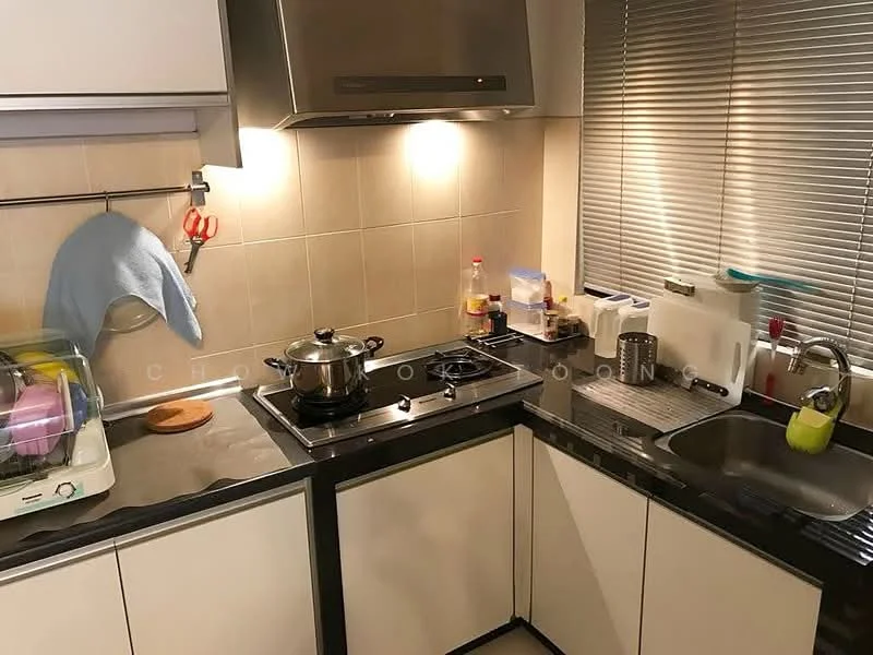 Kitchen features: black granite countertop, white cabinetry, stainless-steel sink, chrome pull-down faucet, built-in oven, 4-burner gas hob, exhaust hood, tile backsplash, under-cabinet lighting, window blinds, kitchen utensils, cooking pot, dish rack, plastic containers; style: modern.