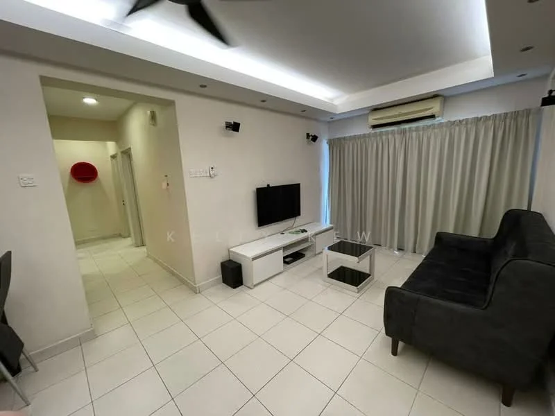 Living features: grey fabric sofa, white coffee table, wall-mounted TV, TV console, recessed ceiling lights, ceiling fan, white tiled flooring, floor-to-ceiling curtains, air conditioning unit; style: modern. Room features: white painted walls, doorway leading to hallway.