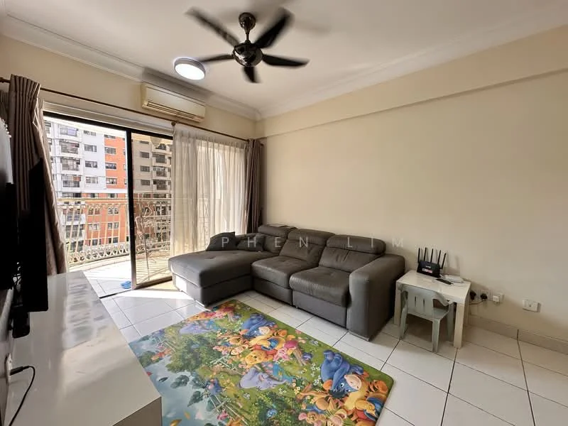 Living features: 3-seater fabric sofa in grey, coffee table, wall-mounted TV, floor-to-ceiling sliding glass door, sheer curtains, ceiling fan, decorative area rug with cartoon pattern, tile flooring, air conditioning unit; style: modern; view: city.