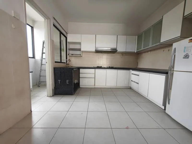 Kitchen features: white shaker cabinets, black granite countertop, stainless-steel sink, chrome pull-down faucet, built-in gas hob, built-in oven, white tiled backsplash, ceramic tile flooring, recessed downlights, large window for natural light, open layout, space for refrigerator; style: modern.