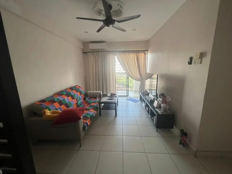 Living features: 3-seater fabric sofa with colorful patchwork, coffee table, TV console, wall-mounted TV, floor-to-ceiling windows, curtains, ceiling fan, air conditioning unit, tile flooring, decorative items on TV console, wall-mounted decor, light-colored painted walls; style: modern; view: city.