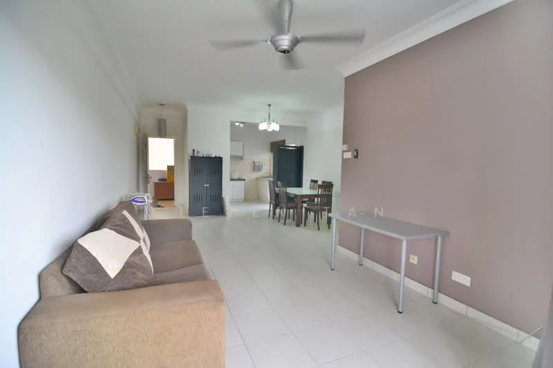 Living features: 3-seater fabric sofa in beige, ceiling fan, white walls, light-colored tiled flooring, dining table with chairs visible in background, open layout to kitchen, neutral color scheme, natural light from windows; style: modern.