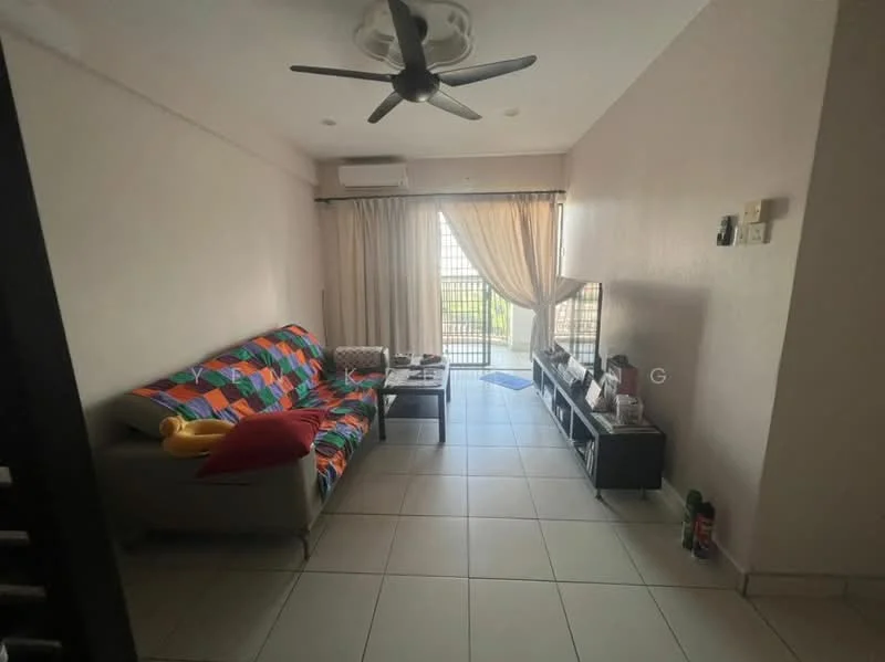 Living features: 3-seater fabric sofa with colorful patchwork, coffee table, TV console, wall-mounted TV, floor-to-ceiling windows, curtains, air conditioning unit, ceiling fan, tile flooring, decorative items on TV console; style: modern; view: city.