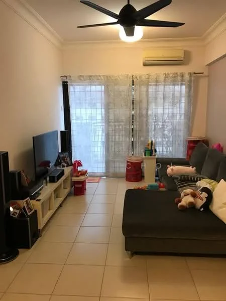 Living features: grey fabric sectional sofa, 3-seater sofa, coffee table, TV console, wall-mounted TV, floor-to-ceiling windows, sheer curtains, wall-mounted split AC, ceiling fan, tile flooring, decorative cushions, toys and storage bins, area rug; style: modern.