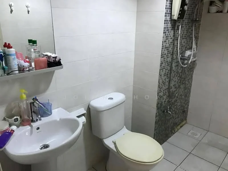 Bathroom features: white tiled walls, grey mosaic accent wall, white ceramic floor tiles, single-sink vanity with mirror, chrome basin mixer faucet, one-piece toilet, shower with handheld showerhead, wall-mounted shower control, toiletries on shelf, soap dispenser, toothbrush holder, towel rack; style: modern.