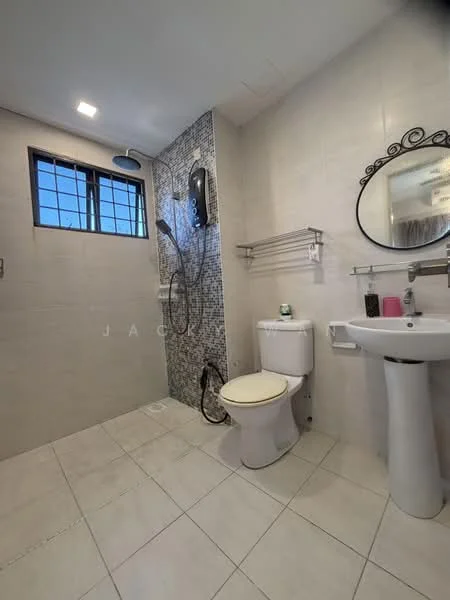 Bathroom features: white tiled walls, grey mosaic accent wall, white floor tiles, walk-in shower with glass enclosure, rain shower head, handheld shower, toilet, single-sink vanity with pedestal, chrome basin mixer, framed mirror, wall-mounted towel rack, window with grid pattern; style: modern.
