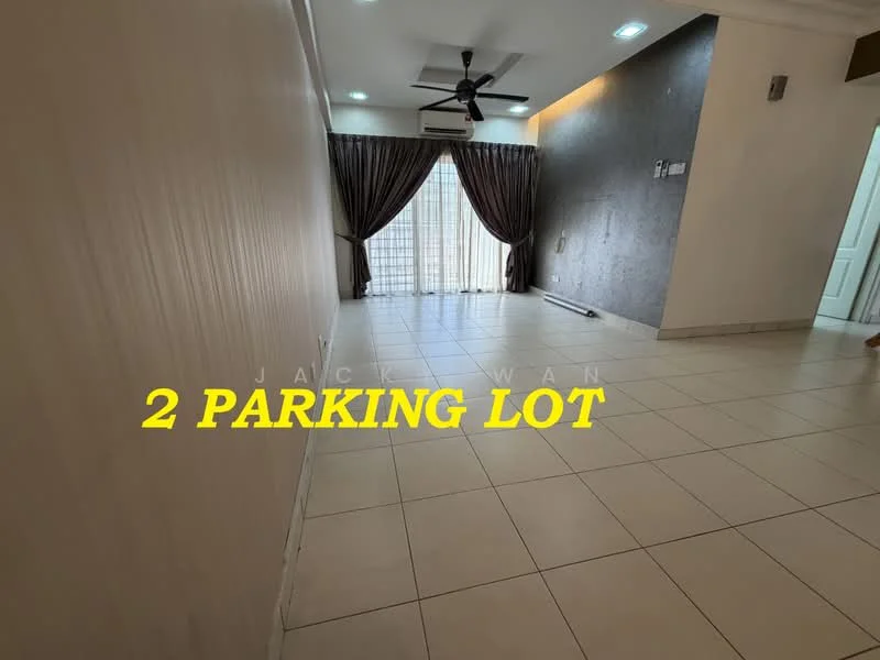 Living features: white painted walls, cream tiled flooring, 5-blade ceiling fan with light, floor-to-ceiling windows, sheer curtains, dark brown curtains, recessed downlights, corner wall with dark accent, open layout; style: modern.