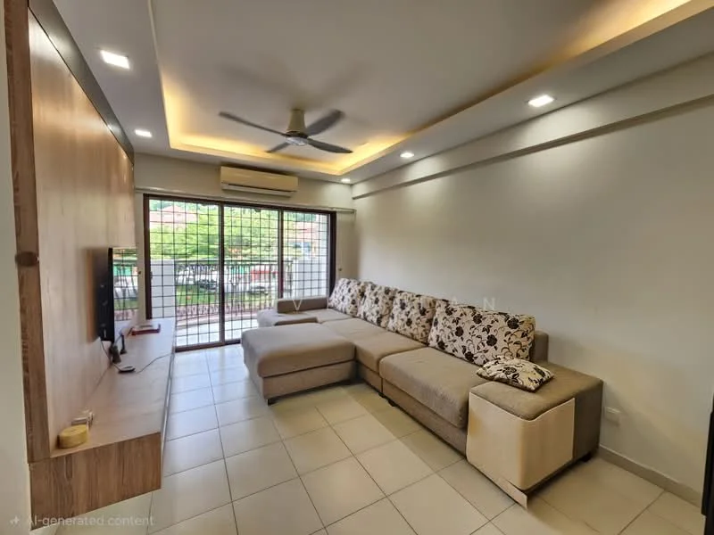 Living features: L-shape sectional sofa in beige with floral cushions, wall-mounted TV, wooden TV console, floor-to-ceiling windows, sliding glass door, cream painted walls, recessed downlights, ceiling fan, tile flooring, decorative wall paneling, air conditioning unit; style: modern; view: garden.