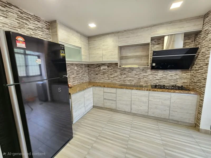 Kitchen features: stainless-steel fridge, granite countertop, laminate cabinetry in light wood finish, ceramic tile backsplash with mosaic pattern, built-in gas hob, exhaust hood, recessed LED downlights, wall-mounted cabinets, floor-to-ceiling windows, light grey tiled flooring; style: modern.