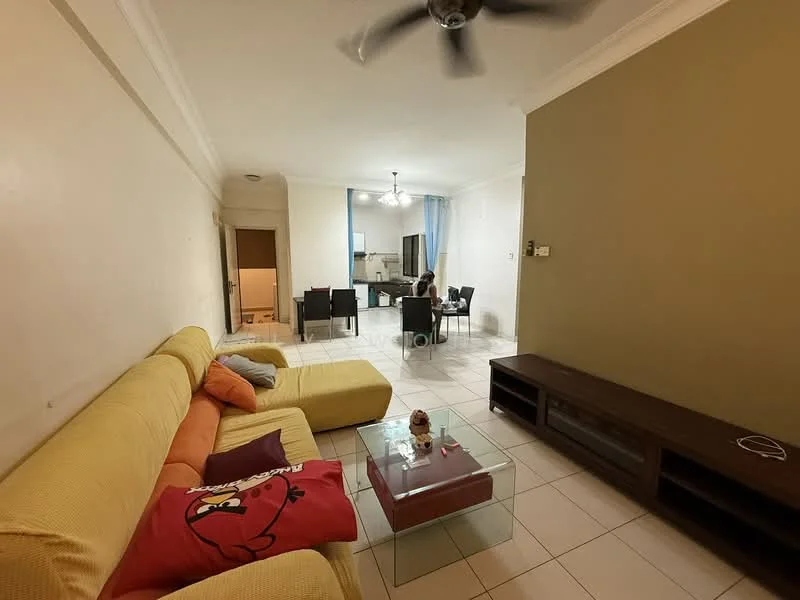 Living features: yellow fabric sofa with orange accents, glass coffee table, wall-mounted TV cabinet, white tiled flooring, ceiling fan, decorative cushions, neutral painted walls, open layout to dining area; style: modern. Dining features: dining table with chairs, white walls, natural light from windows, open layout to living area; style: modern.