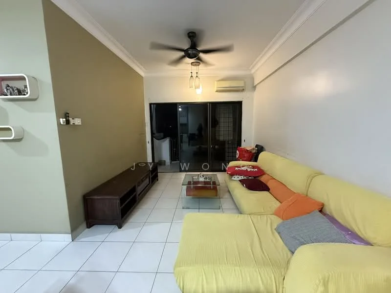 Living features: L-shape sectional sofa in yellow, coffee table, TV console, wall-mounted TV, ceiling fan with light, white painted walls, tile flooring, sliding glass door, curtains, decorative cushions, air conditioning unit; style: modern.