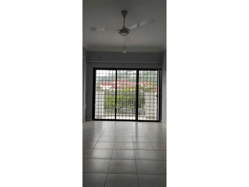 Room features: floor-to-ceiling windows, sliding glass door, grey painted walls, ceiling fan, tile flooring, natural light, view of outdoor area; style: modern; view: garden.