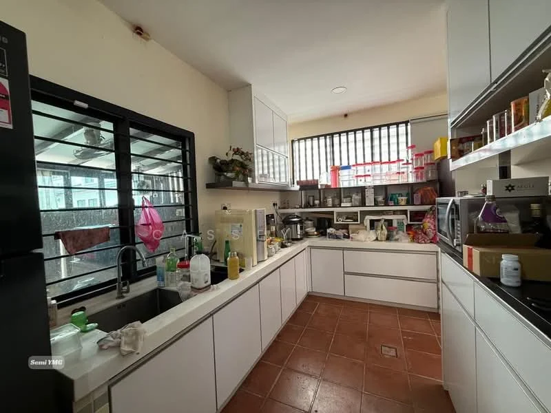 Kitchen features: white cabinetry, black countertop, single-bowl stainless-steel sink, chrome pull-down faucet, built-in microwave, freestanding fridge, ceramic tile flooring, window with black grille, various kitchen appliances, open shelving, cluttered countertop; style: modern.