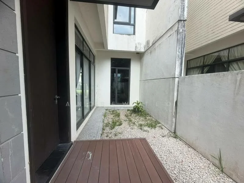 Exterior features: concrete walls, glass windows, wooden deck, gravel pathway, landscaped area with plants, two-storey structure, natural light from windows; style: modern.