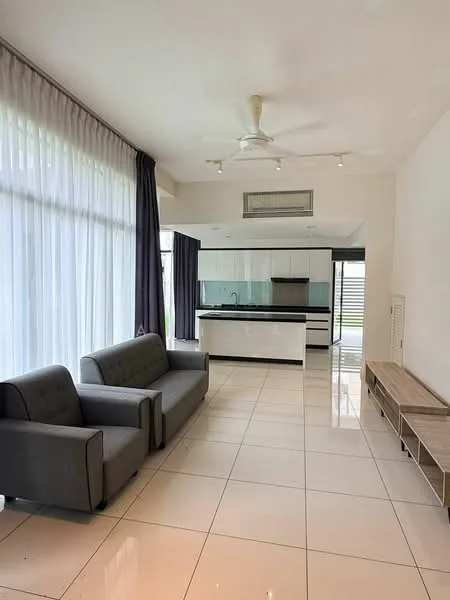 Living features: 2-seater fabric sofa in grey, floor-to-ceiling windows with sheer curtains, white walls, polished tile flooring, ceiling fan, TV console, open-plan layout to kitchen, natural light from windows; style: modern; view: garden. Kitchen features: white cabinetry, black countertop, built-in oven, stainless-steel sink, chrome pull-down faucet, glass backsplash, recessed downlights; style: modern.
