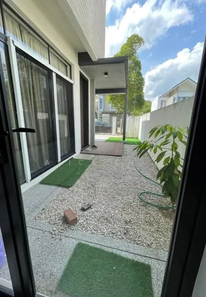 Exterior features: gravel pathway, green grass patches, concrete flooring, sliding glass door, covered porch area, landscaped garden, fence, trees in background; style: modern.