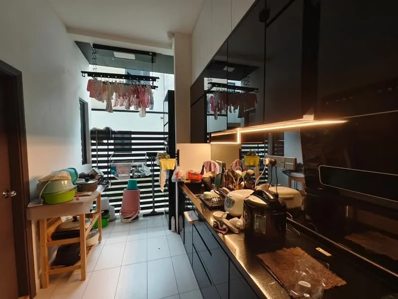 Kitchen features: black cabinetry, white countertop, built-in oven, stainless-steel microwave, electric kettle, rice cooker, toaster, dishwasher, single-bowl stainless-steel sink, chrome pull-down faucet, recessed LED downlights, tile flooring, laundry area with drying rack, open shelving, window with view to balcony; style: modern; view: garden.