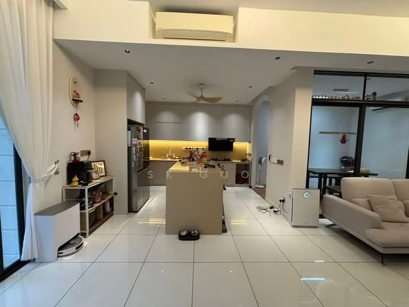 Kitchen features: white cabinets, grey countertops, stainless-steel fridge, built-in oven, 4-burner gas hob, single-bowl stainless-steel sink, chrome pull-down faucet, pendant light, recessed downlights, white tiled flooring, open layout to living area, wall-mounted split AC; style: modern. Living features: 3-seater fabric sofa in light grey, coffee table, TV console, wall-mounted TV, area rug, floor-to-ceiling windows, curtains, dining table, ceiling fan; style: modern.
