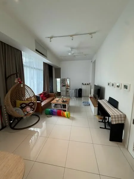 Living features: floor-to-ceiling windows, sheer curtains, 3-seater leather sofa in brown, hanging rattan chair, coffee table, TV console, wall-mounted TV, piano, colorful play tunnel, area rug, recessed downlights, ceiling fan with light, white painted walls, glossy tile flooring; style: modern.