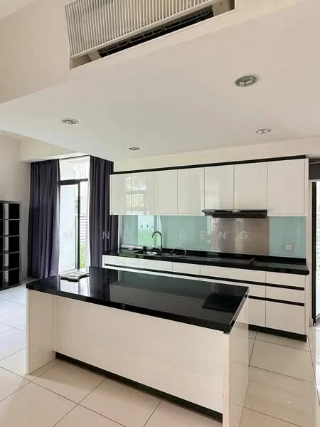 Kitchen features: black granite countertop, white flat-panel cabinets, stainless-steel sink, chrome pull-down faucet, built-in oven, freestanding range oven, glass backsplash, recessed downlights, floor-to-ceiling windows, sliding glass door, white tiled flooring, wall-mounted split AC; style: modern; view: garden.