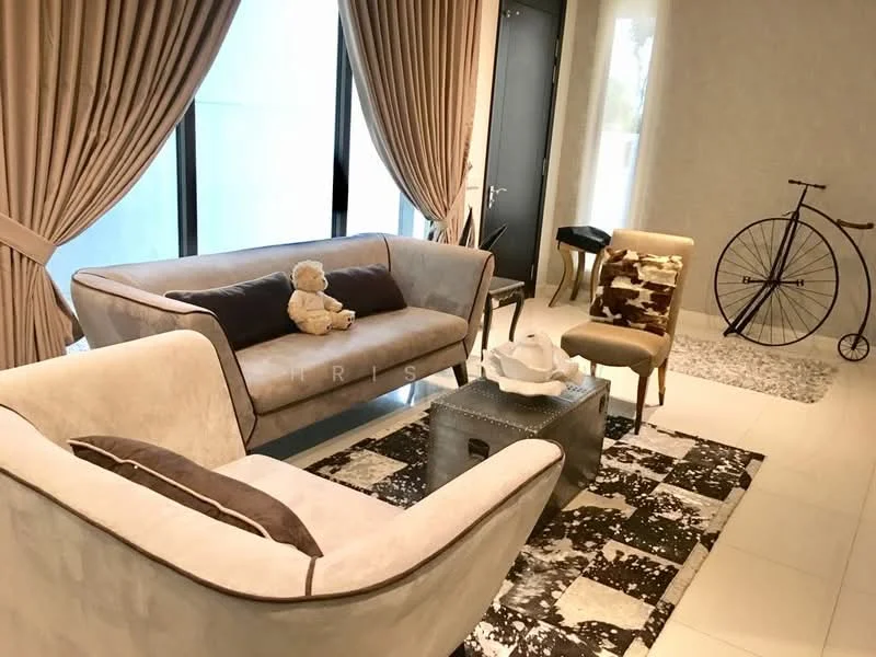 Living features: 3-seater fabric sofa in light grey, 2-seater fabric sofa in beige, decorative teddy bear on sofa, area rug with geometric pattern, coffee table with metallic finish, accent chair in beige with wooden legs, decorative bicycle, floor-to-ceiling windows, sheer curtains, wall with light textured finish, light-colored tiled flooring; style: modern.