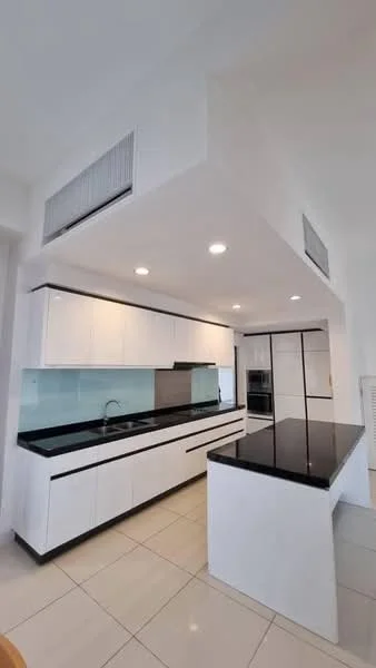 Kitchen features: white cabinetry with flat-panel design, black granite countertop, glass backsplash, stainless-steel sink, chrome pull-down faucet, built-in oven, freestanding range oven, recessed LED downlights, tile flooring, island with seating area, open shelving, wall-mounted cabinets, pantry cabinet; style: modern.