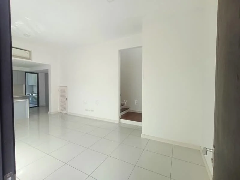 Room features: white painted walls, glossy tile flooring, recessed downlights, open layout, staircase visible, air conditioning unit, doorway leading to another room, large windows for natural light; style: modern.