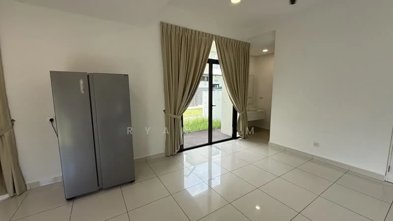 Room features: grey stainless-steel fridge, white painted walls, glossy ceramic tile flooring, floor-to-ceiling sliding glass door, sheer curtains, recessed downlights; style: modern; view: garden.