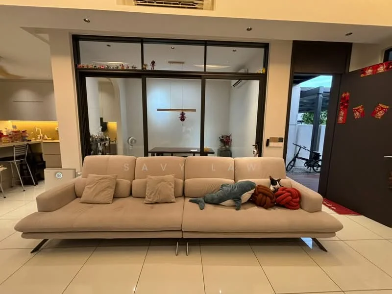 Living features: L-shape sectional sofa in beige, decorative cushions, white tiled flooring, large glass windows, open layout to dining area, wall-mounted air conditioning unit, decorative wall art, neutral wall color, recessed ceiling lights; style: modern. Room features: glass dining table, dining chairs, kitchen area visible in background, bicycle in background.