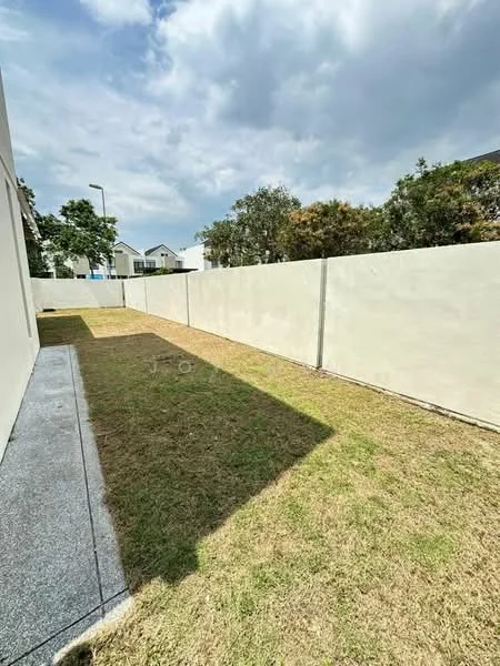 Exterior features: grass lawn, concrete pathway, white painted fence, clear sky, surrounding trees, residential buildings in background; style: modern.