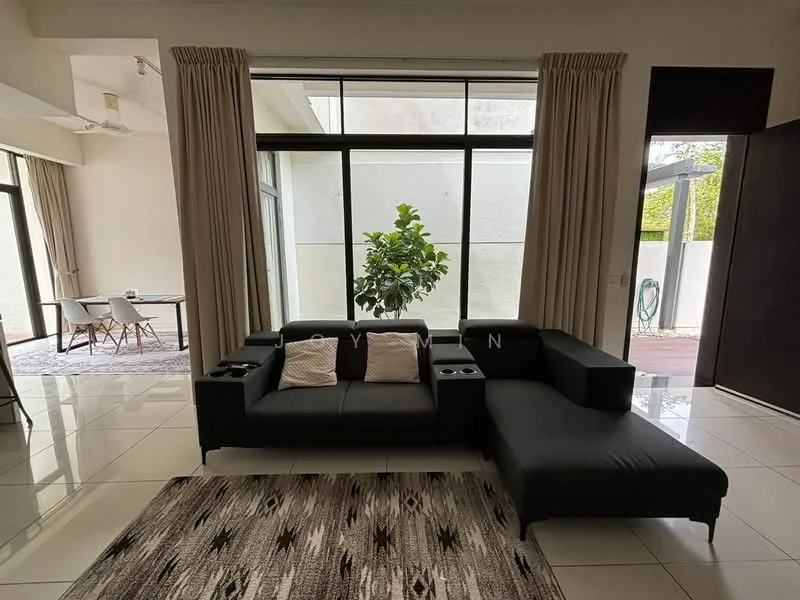 Living features: black L-shape sectional sofa, 2 decorative cushions, area rug with geometric pattern, floor-to-ceiling windows, sheer curtains, white painted walls, polished tile flooring, ceiling fan, indoor plant; style: modern; view: garden. Dining features: dining table, 4 dining chairs; style: modern; view: garden.