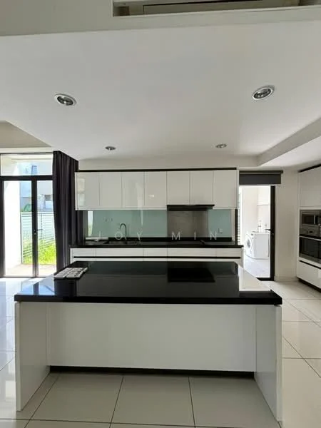 Kitchen features: black granite countertop, white flat-panel cabinets, stainless-steel range hood, built-in oven, built-in microwave, double-bowl stainless-steel sink, chrome pull-down faucet, ceramic tile flooring, recessed downlights, floor-to-ceiling windows, sliding glass door, grey curtains, open layout, kitchen island; style: modern; view: garden.
