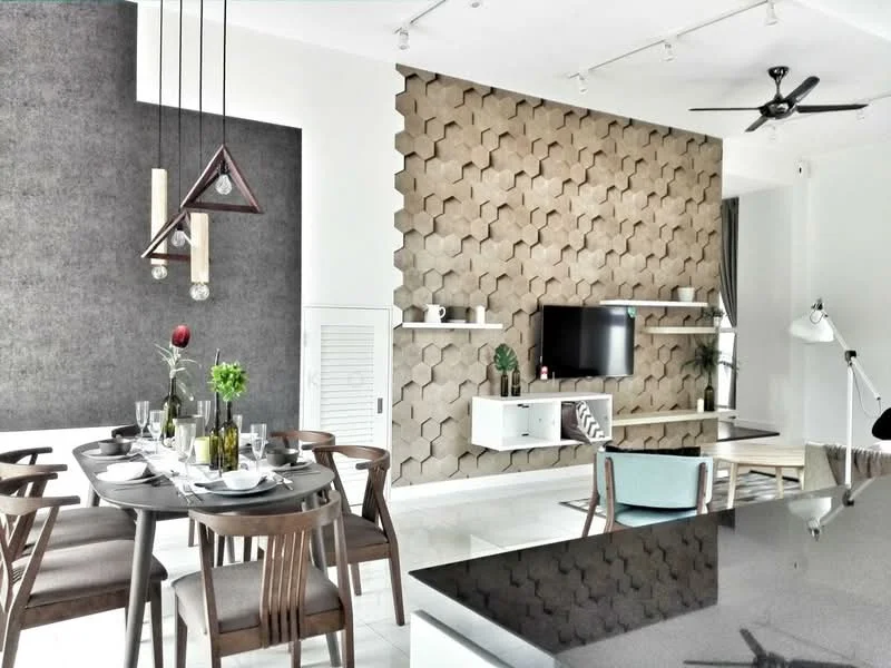 Living features: geometric feature wall in beige, dark accent wall, white ceiling, 5-blade ceiling fan, wall-mounted TV, white media console, decorative plants, dining table with 6 wooden chairs, table setting with plates and glasses, pendant lighting with geometric design, marble flooring, open layout, natural light from windows; style: modern.
