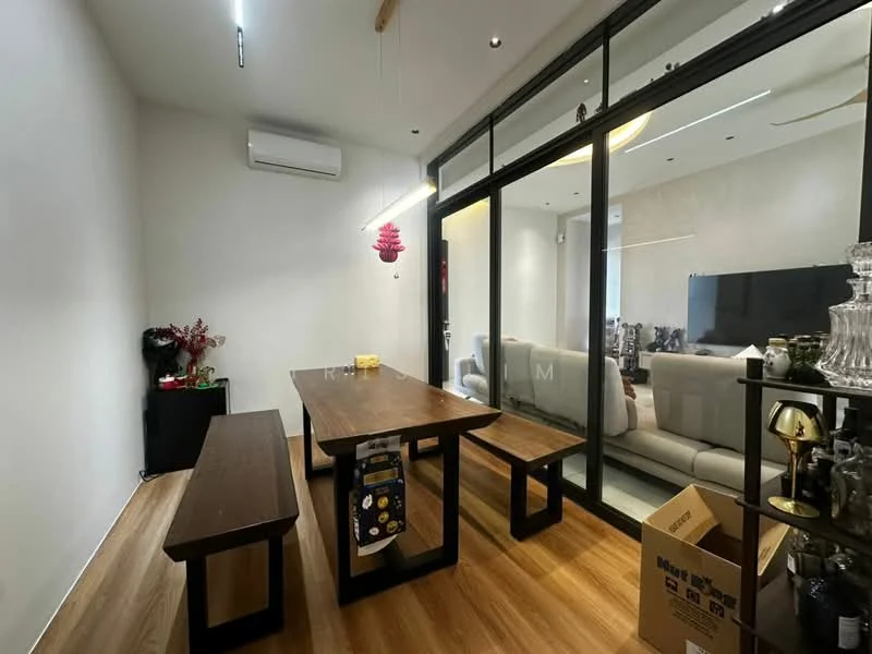 Dining features: wooden dining table, two wooden benches, wall-mounted split AC, light fixture on ceiling, glass sliding doors, laminate flooring, decorative wall art, box on floor; style: modern.