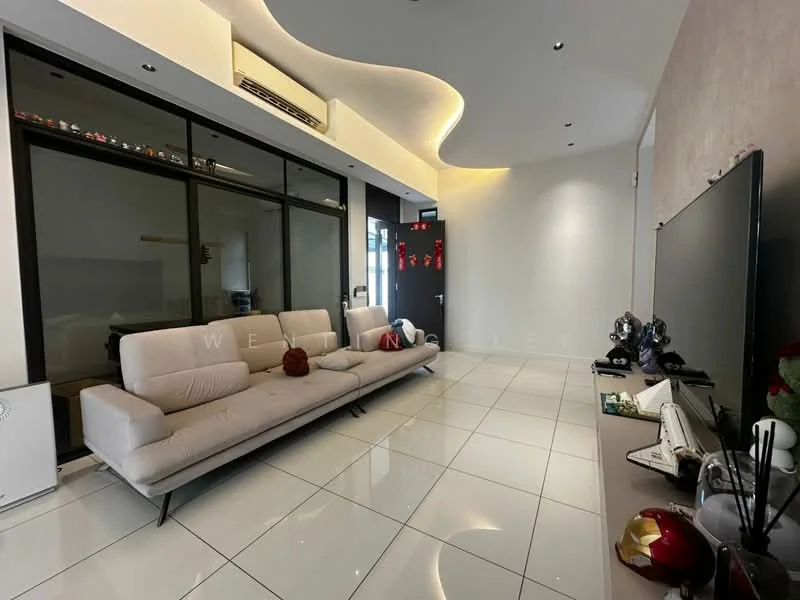 Living features: 3-seater fabric sofa in light beige, white glossy tile flooring, recessed downlights, wall-mounted TV, TV console, decorative items on console, large glass windows, air conditioning unit, feature wall with textured finish, decorative wall art, curved ceiling design; style: modern.