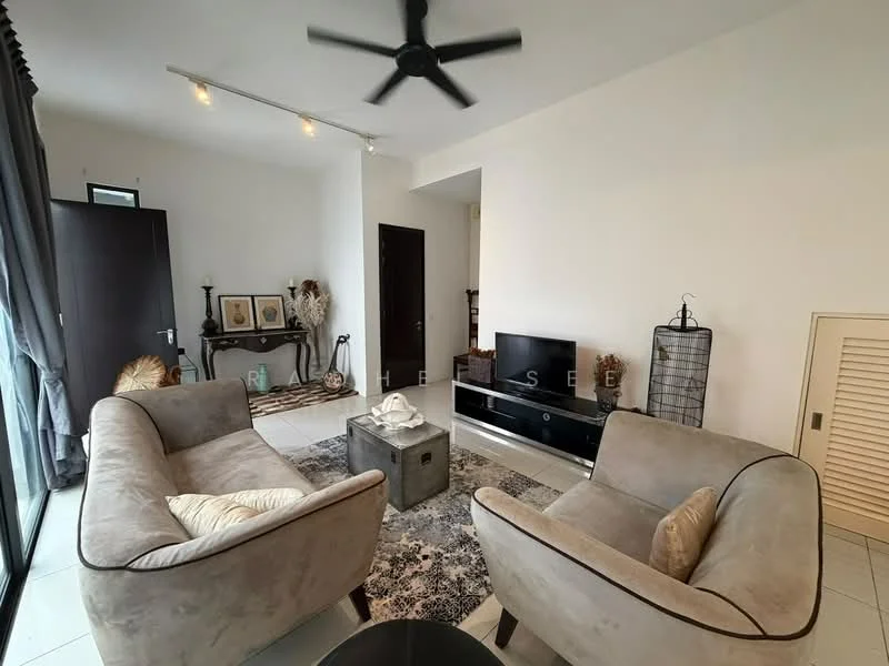 Living features: 2-seater fabric sofa in beige, black coffee table, TV console, wall-mounted TV, area rug with geometric pattern, ceiling fan, floor-to-ceiling windows, decorative wall art, wooden side table, decorative plant, neutral painted walls, tile flooring; style: modern.