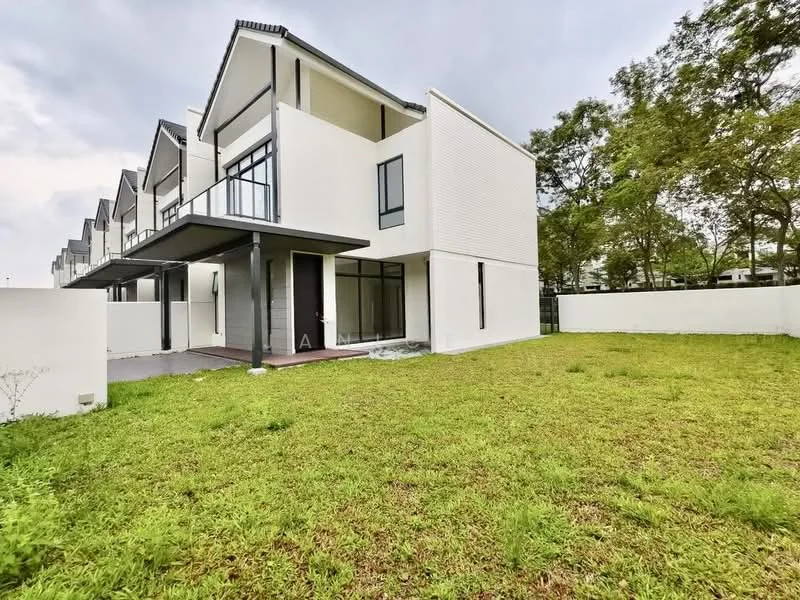 Exterior type: linked terrace house; features: white painted facade, flat roof, two-storey structure, large windows, covered porch, manicured lawn, surrounded by greenery, concrete pathway, fenced yard, modern architectural design; style: modern.
