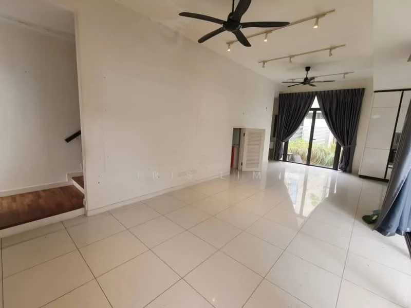 Living features: white painted walls, glossy white tile flooring, 2 ceiling fans, recessed downlights, floor-to-ceiling windows, sliding glass door, dark curtains, open layout, staircase leading to upper level, air conditioning unit; style: modern; view: garden.