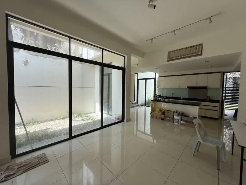 Living features: large floor-to-ceiling windows, white painted walls, glossy tile flooring, recessed downlights, open layout to kitchen, sliding glass door, view of outdoor space, minimalist design, neutral color palette; style: modern; view: garden. Kitchen features: black cabinetry, white countertop, built-in kitchen appliances, open layout to living area, kitchen island, stainless-steel sink, chrome faucet; style: modern.