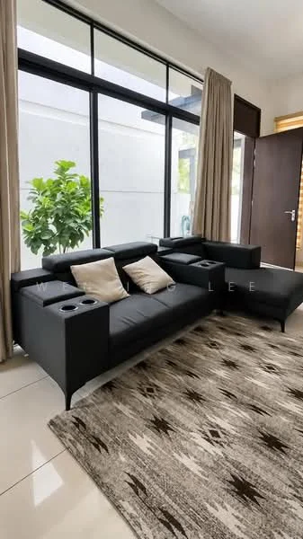 Living features: black sectional sofa with cup holders, area rug with geometric pattern, floor-to-ceiling windows, sheer curtains, white walls, tile flooring, indoor plant, natural light; style: modern; view: garden.