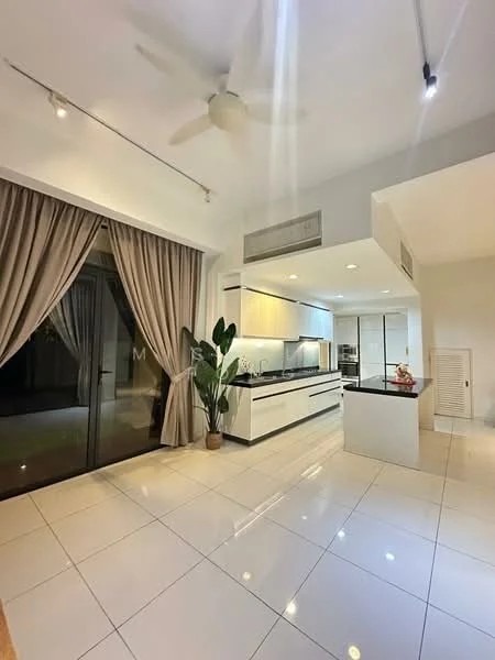 Kitchen features: white cabinetry, black countertop, stainless-steel appliances, built-in oven, freestanding range oven, double-bowl stainless-steel sink, chrome pull-down faucet, pendant lighting, recessed downlights, large island with seating, ceramic tile flooring, floor-to-ceiling windows with sheer curtains, indoor plant, open layout to living area; style: modern; view: garden.