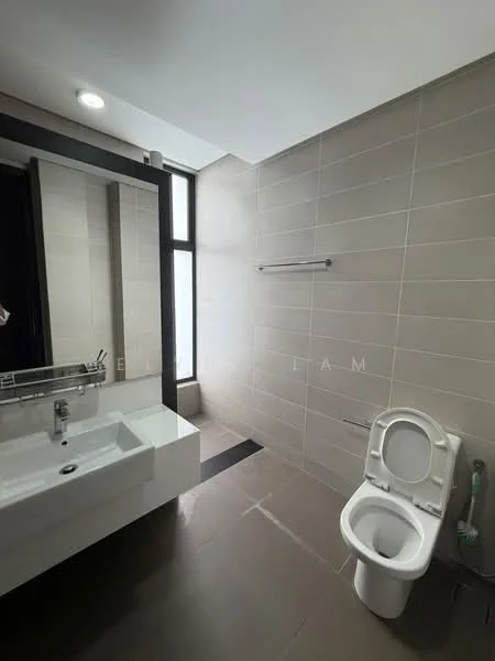 Bathroom features: white ceramic toilet, single-sink vanity with white cabinet, mirror above vanity, glass shower enclosure, wall-mounted towel bar, grey tile flooring, beige wall tiles, recessed ceiling lights, window for natural light; style: modern.